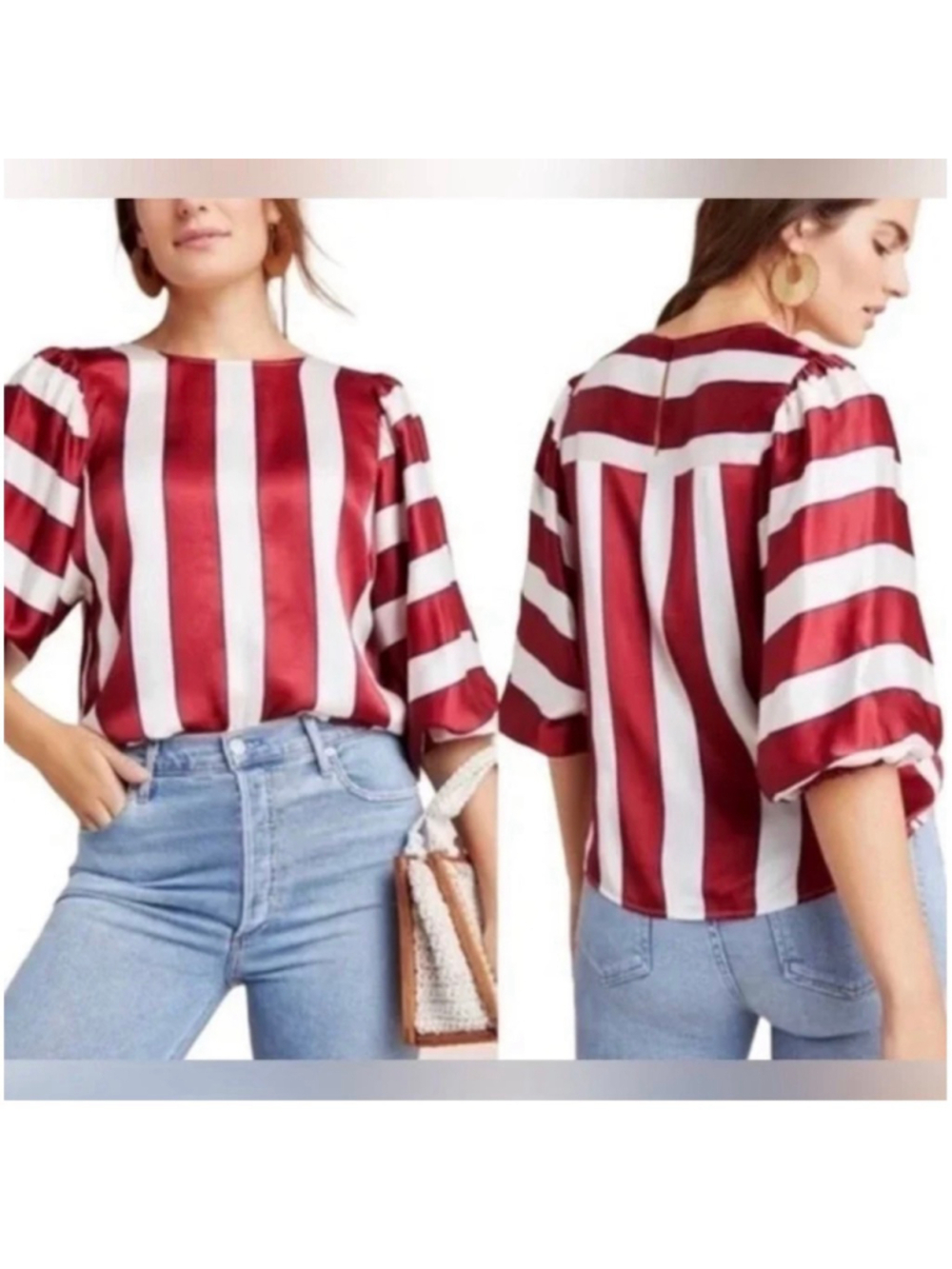 Anthropologie Maeve Maria Red & White Striped Satin Blouse Size 0